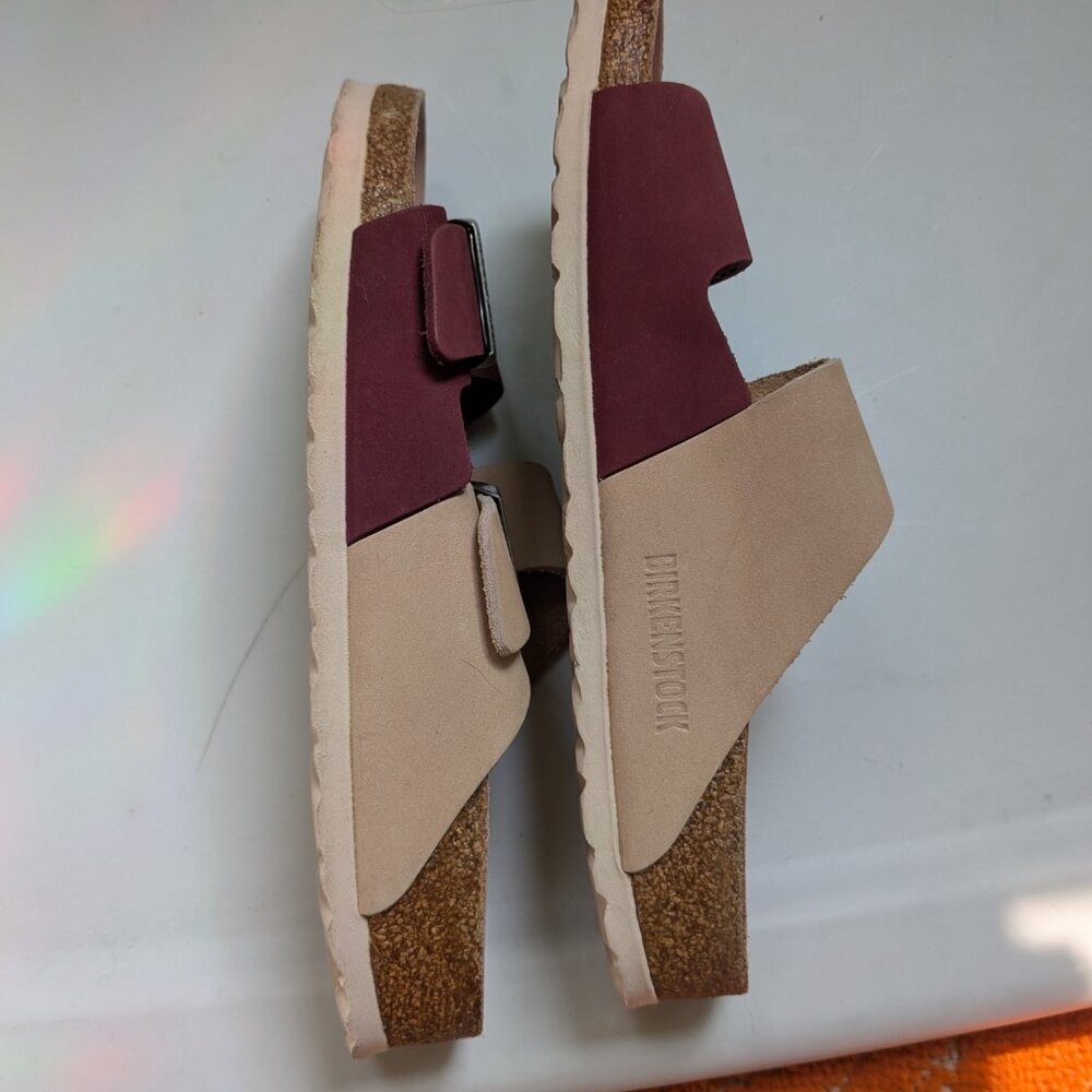 Birkenstock Two-Tone Adjustable Buckle Sandals in Burgundy and Beige - Picture 8 of 13